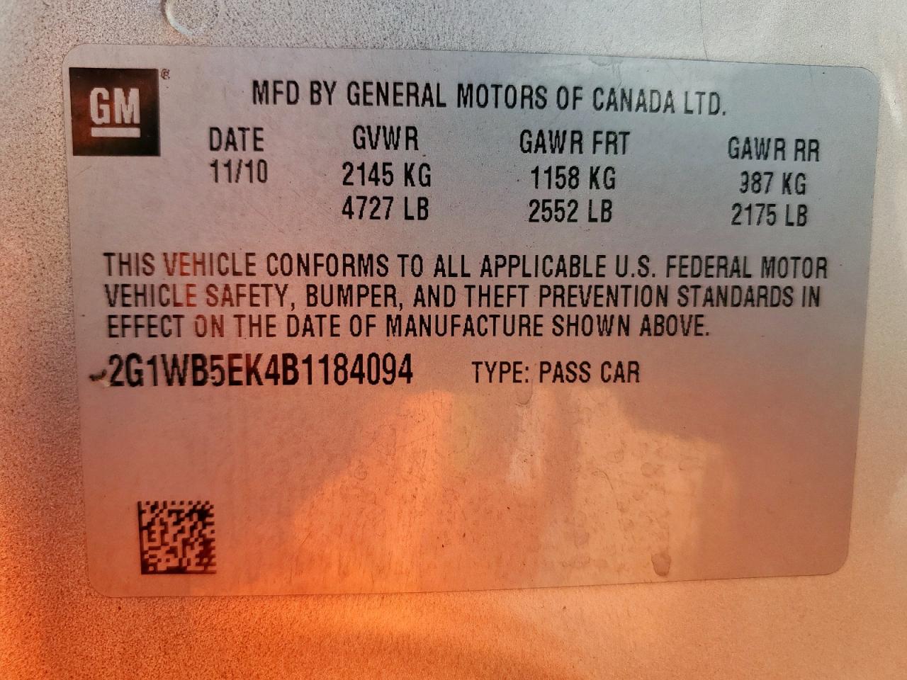 2011 Chevrolet Impala Lt VIN: 2G1WB5EK4B1184094 Lot: 62894115