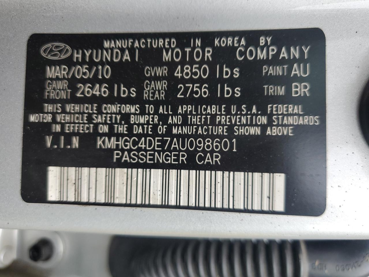 2010 Hyundai Genesis 3.8L VIN: KMHGC4DE7AU098601 Lot: 62093595