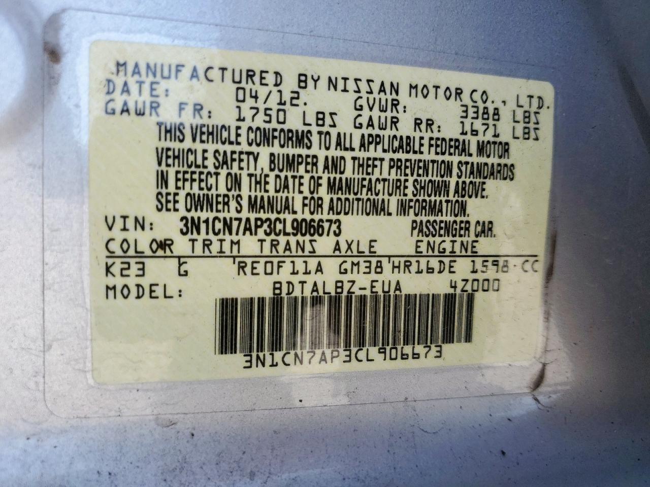2012 Nissan Versa S VIN: 3N1CN7AP3CL906673 Lot: 62838455