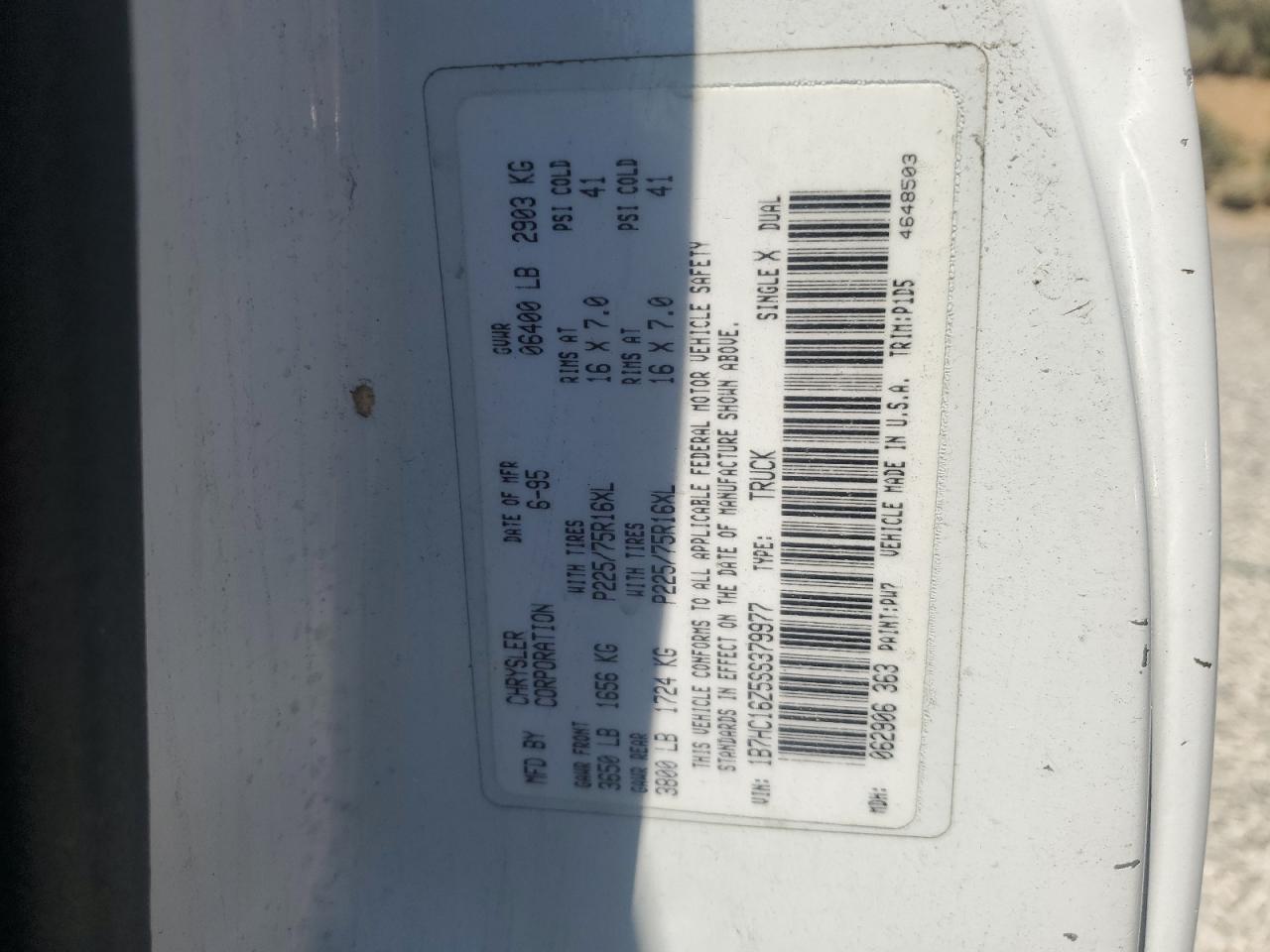 1995 Dodge Ram 1500 VIN: 1B7HC16Z5SS379977 Lot: 62273285