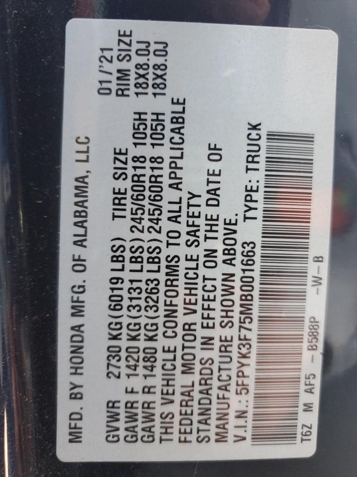 2021 Honda Ridgeline Rtl VIN: 5FPYK3F75MB001663 Lot: 61952705