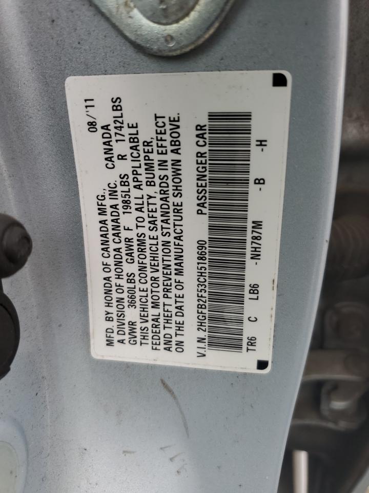 2012 Honda Civic Lx VIN: 2HGFB2F53CH518690 Lot: 62931895
