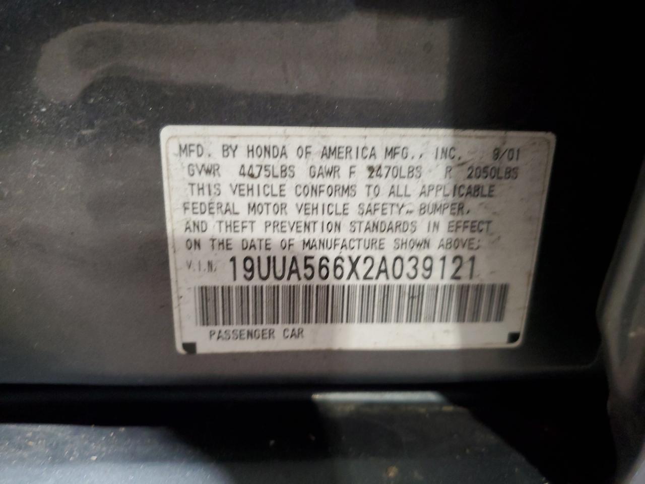 2002 Acura 3.2Tl VIN: 19UUA566X2A039121 Lot: 60418245