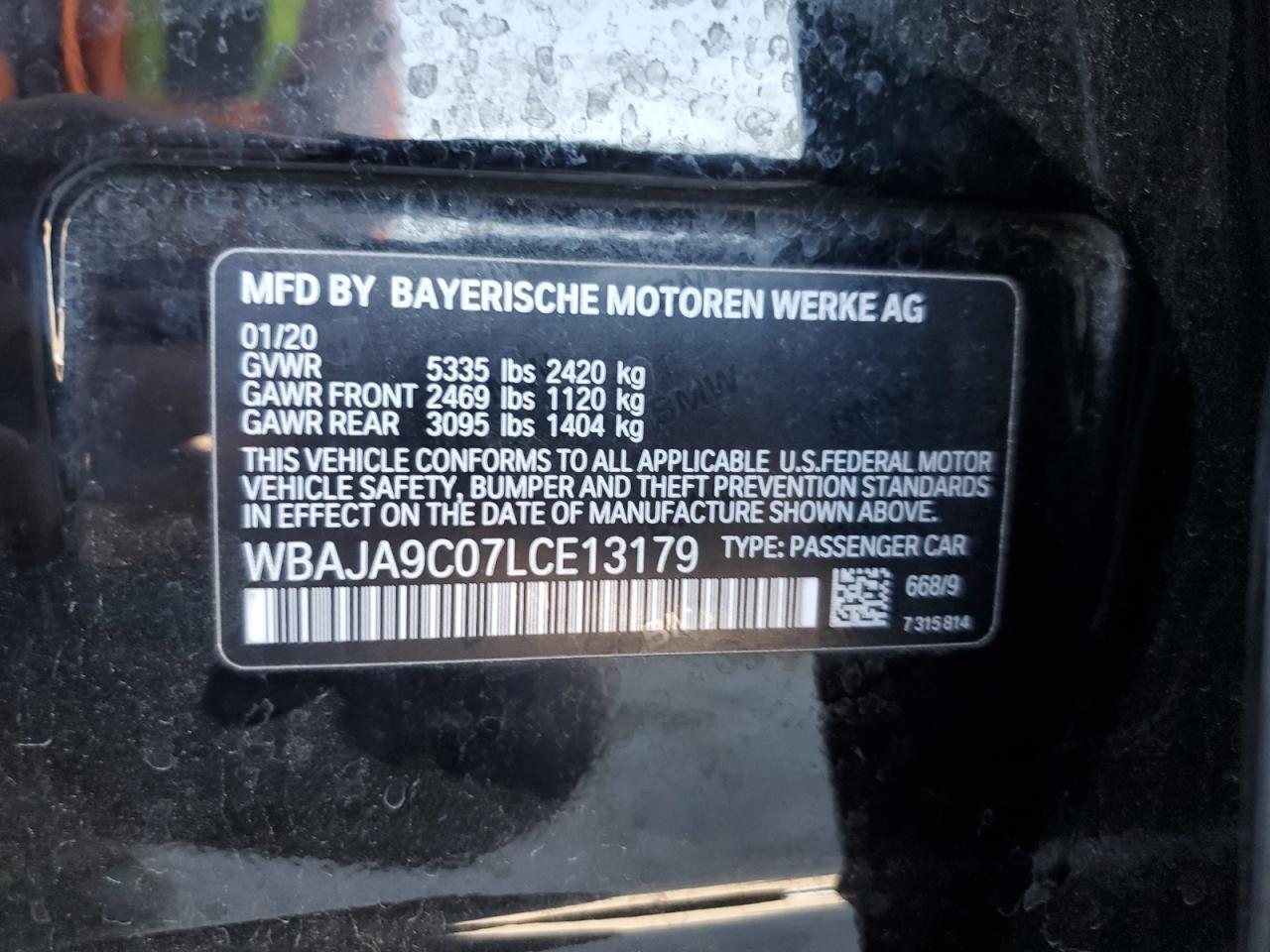 2020 BMW 530E VIN: WBAJA9C07LCE13179 Lot: 60683065