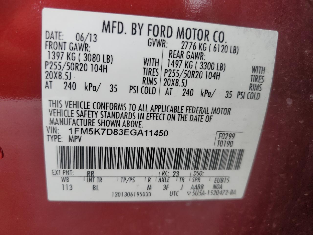2014 Ford Explorer Xlt VIN: 1FM5K7D83EGA11450 Lot: 62595155