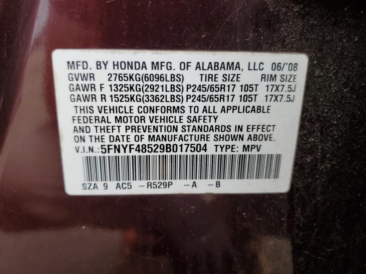 2009 Honda Pilot Exl VIN: 5FNYF48529B017504 Lot: 62790175