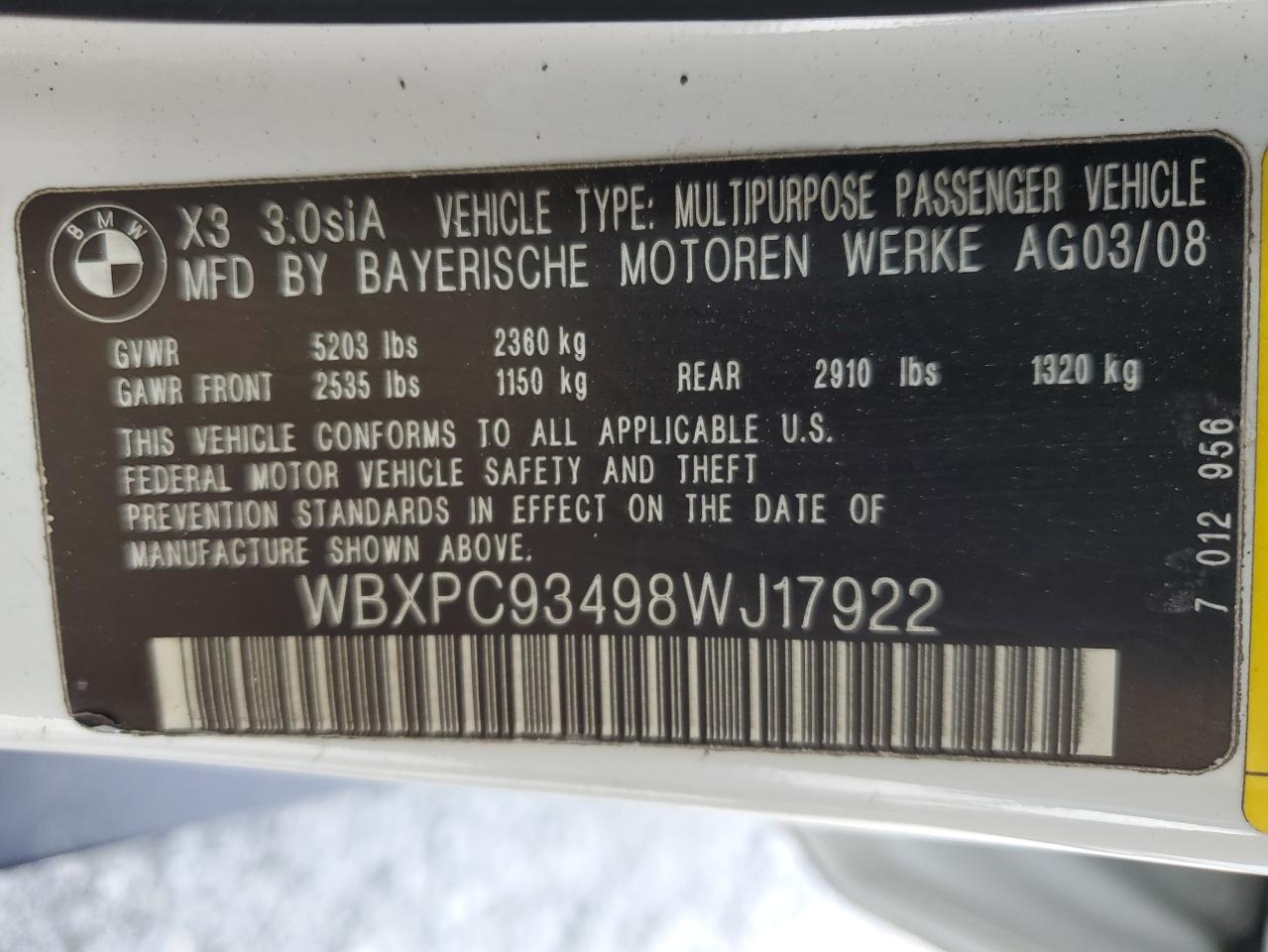 2008 BMW X3 3.0Si VIN: WBXPC93498WJ17922 Lot: 59837615