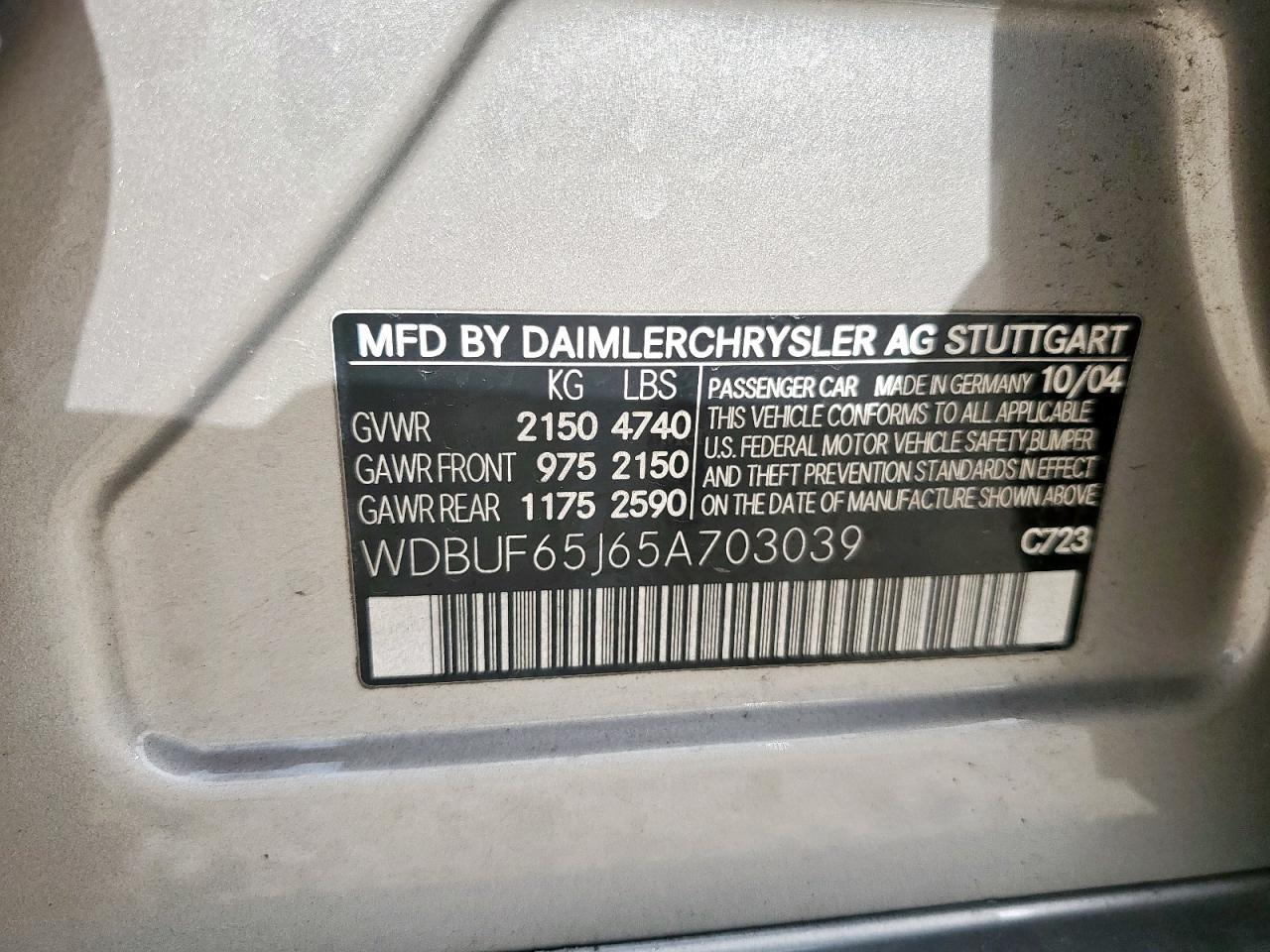 2005 Mercedes-Benz E 320 VIN: WDBUF65J65A703039 Lot: 61347495