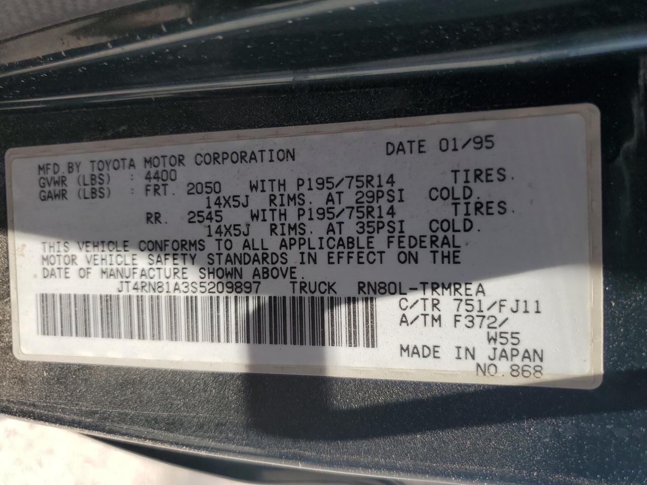 1995 Toyota Pickup 1/2 Ton Short Wheelbase VIN: JT4RN81A3S5209897 Lot: 62674355
