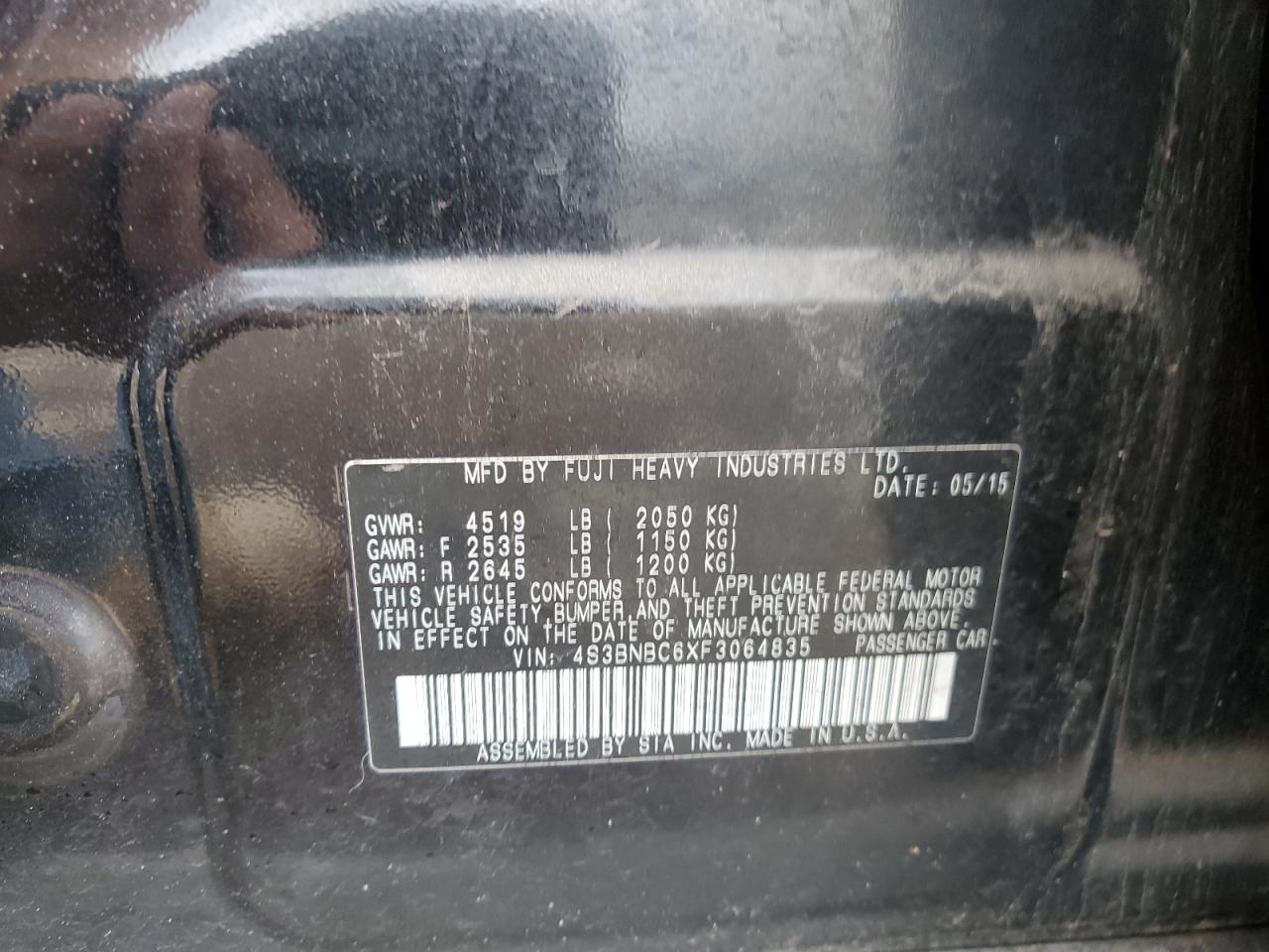 2015 Subaru Legacy 2.5I Premium VIN: 4S3BNBC6XF3064835 Lot: 80447295