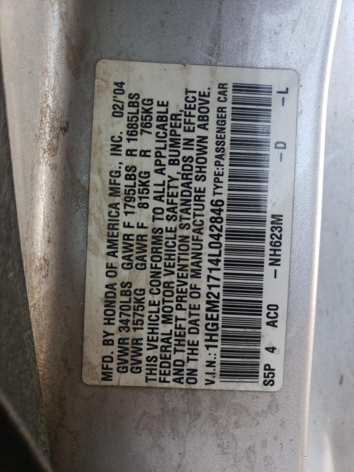 2004 Honda Civic Hx VIN: 1HGEM21714L042846 Lot: 61410905