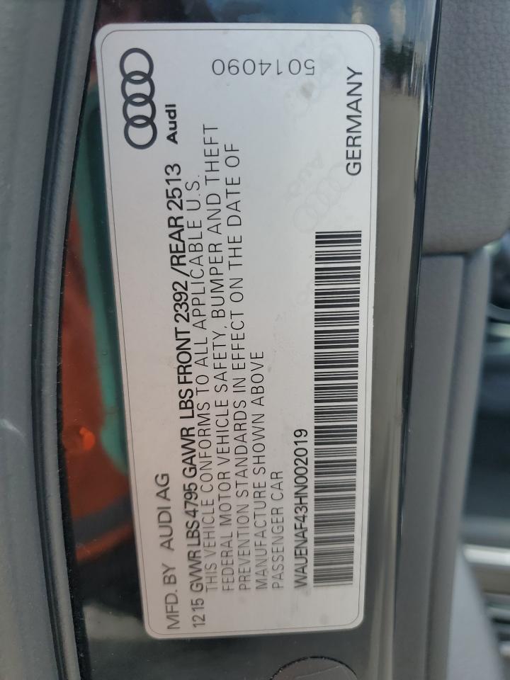 2017 Audi A4 Premium Plus VIN: WAUENAF43HN002019 Lot: 62422495