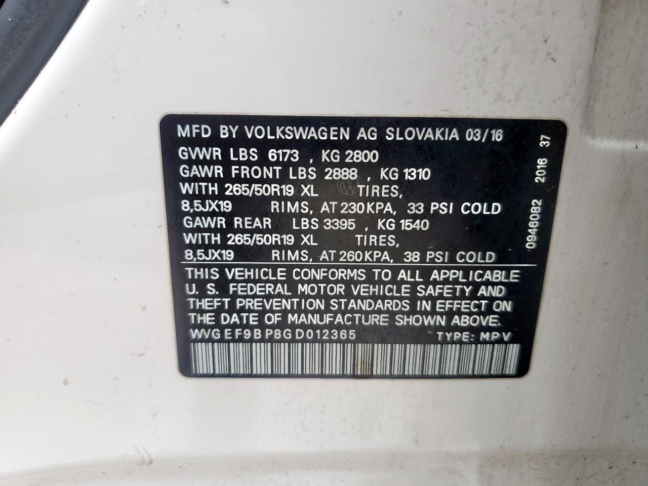 2016 Volkswagen Touareg Sport VIN: WVGEF9BP8GD012365 Lot: 60435475
