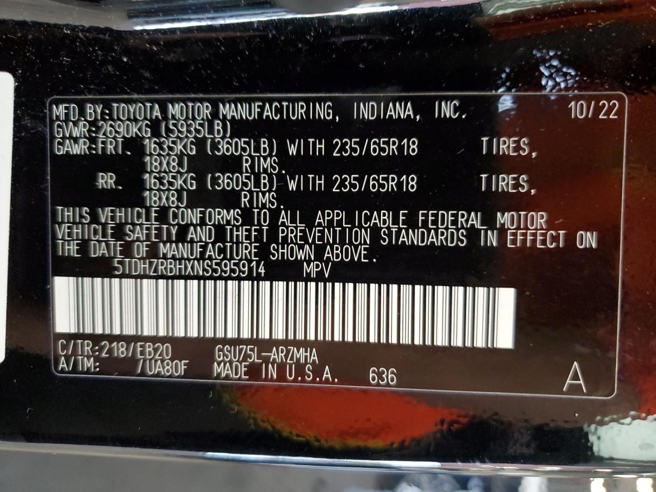 2022 Toyota Highlander Xle VIN: 5TDHZRBHXNS595914 Lot: 61271535