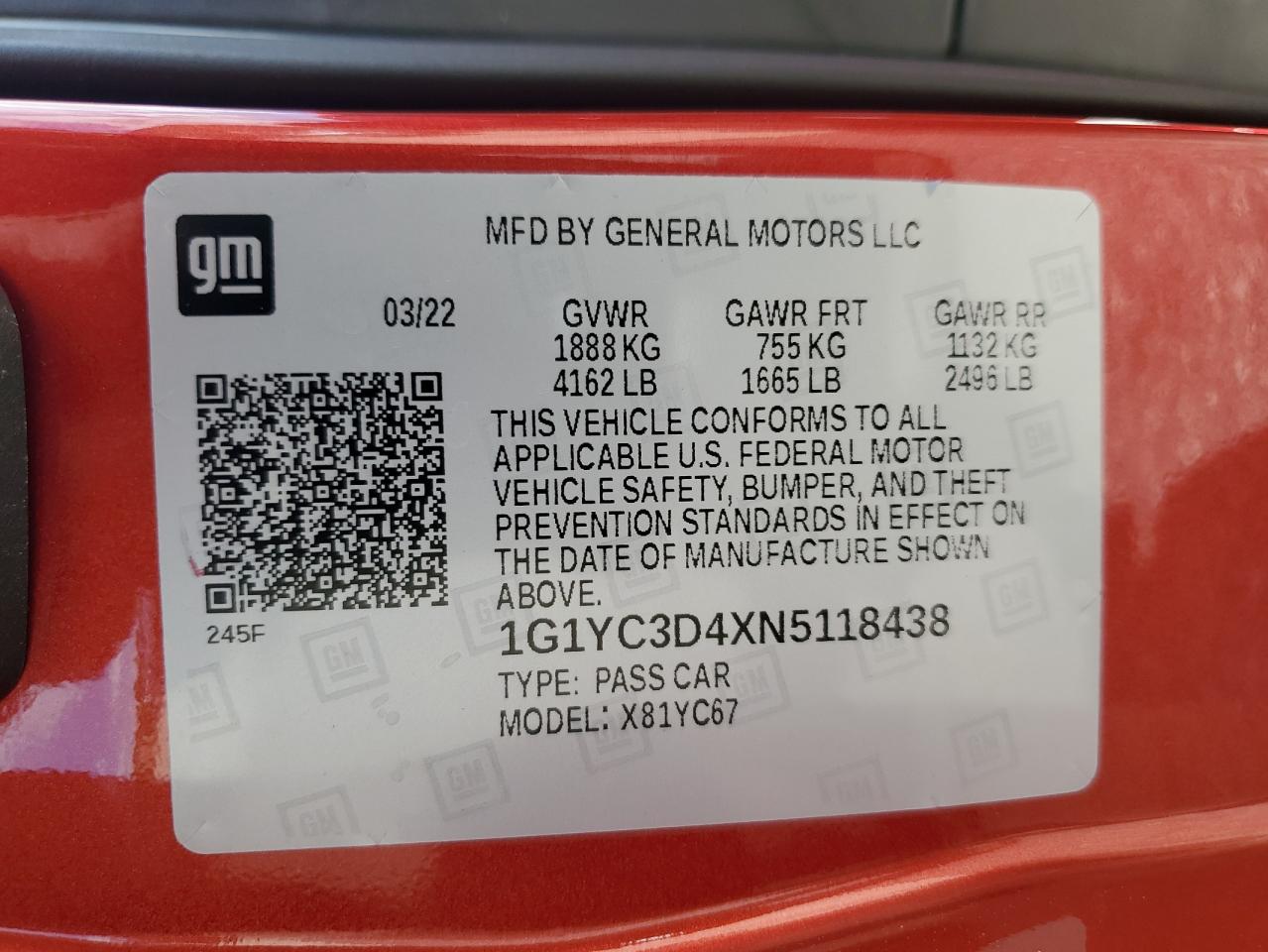 2022 Chevrolet Corvette Stingray 3Lt VIN: 1G1YC3D4XN5118438 Lot: 59428605
