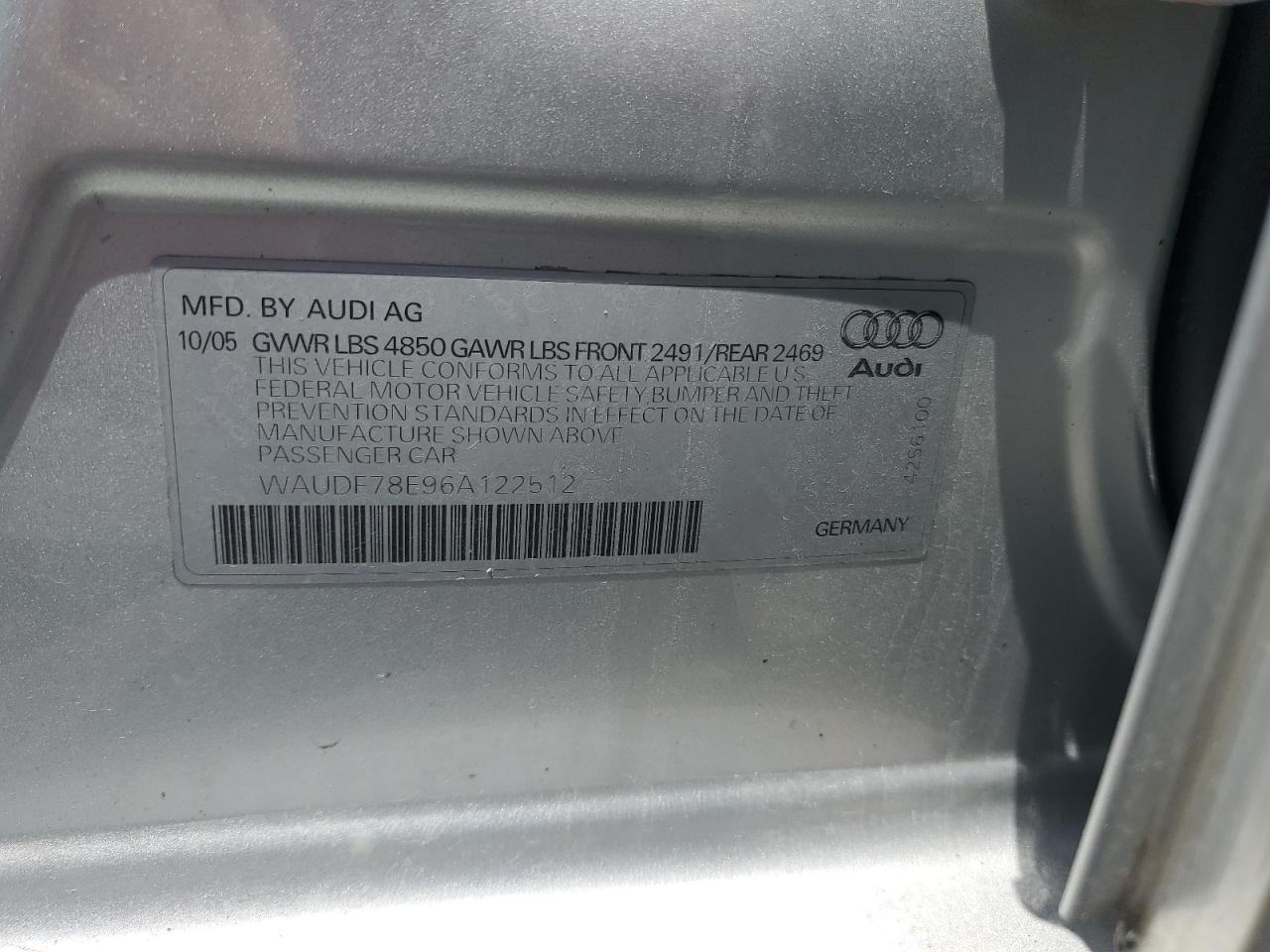 2006 Audi A4 2.0T Quattro VIN: WAUDF78E96A122512 Lot: 62010955