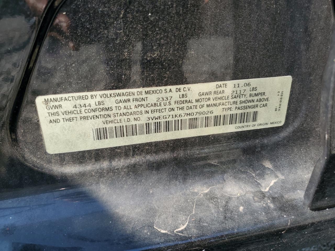 2007 Volkswagen Jetta Wolfsburg VIN: 3VWEG71K67M079026 Lot: 60512895