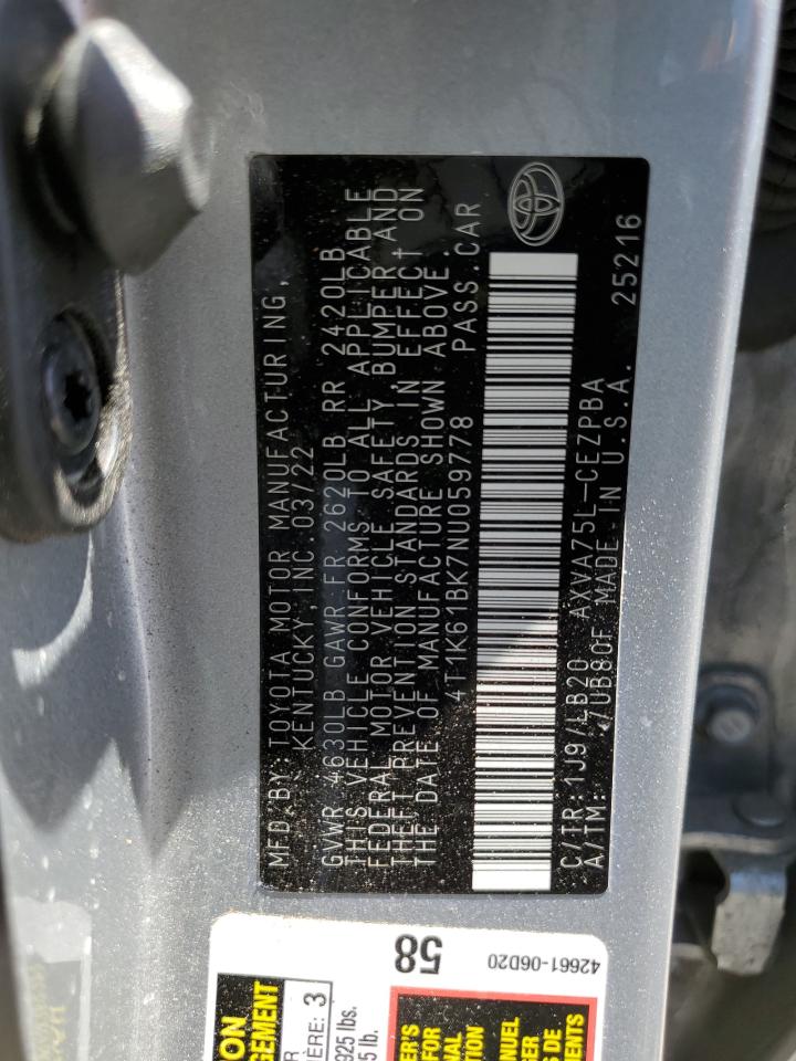 2022 Toyota Camry Xse VIN: 4T1K61BK7NU059778 Lot: 61652005