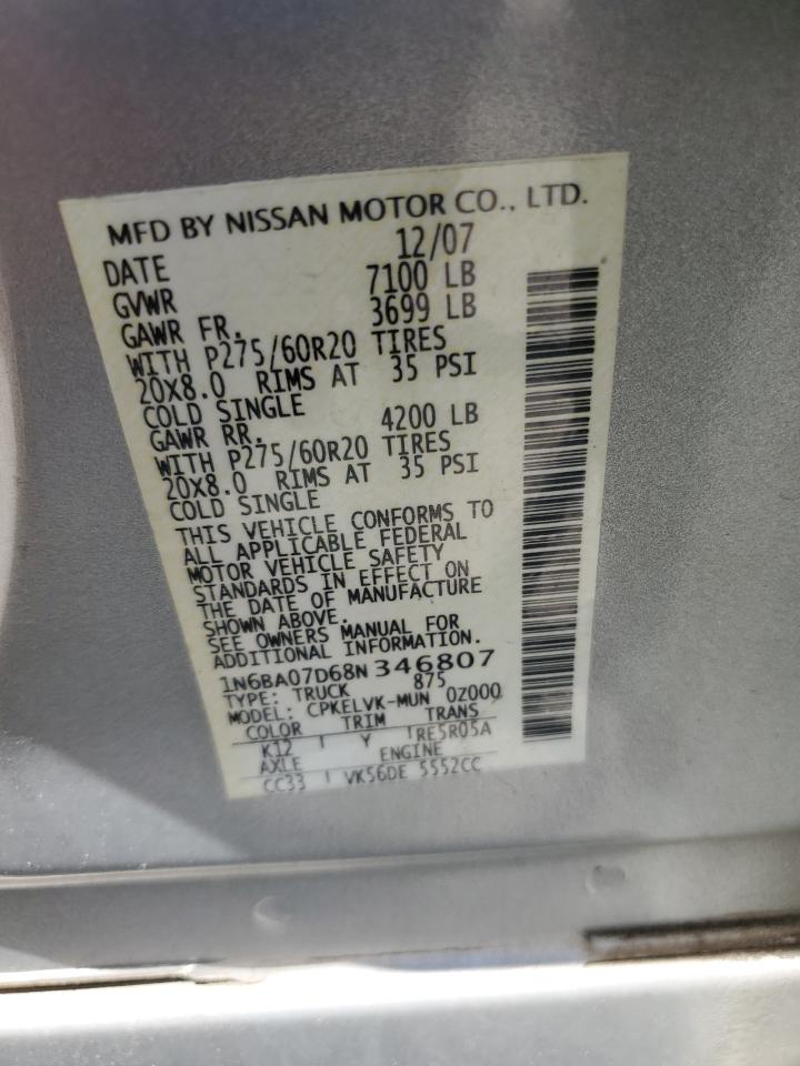 2008 Nissan Titan Xe VIN: 1N6BA07D68N346807 Lot: 59810565