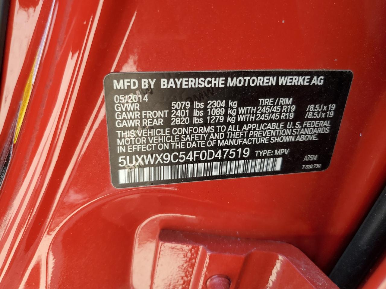 2015 BMW X3 xDrive28I VIN: 5UXWX9C54F0D47519 Lot: 62284015