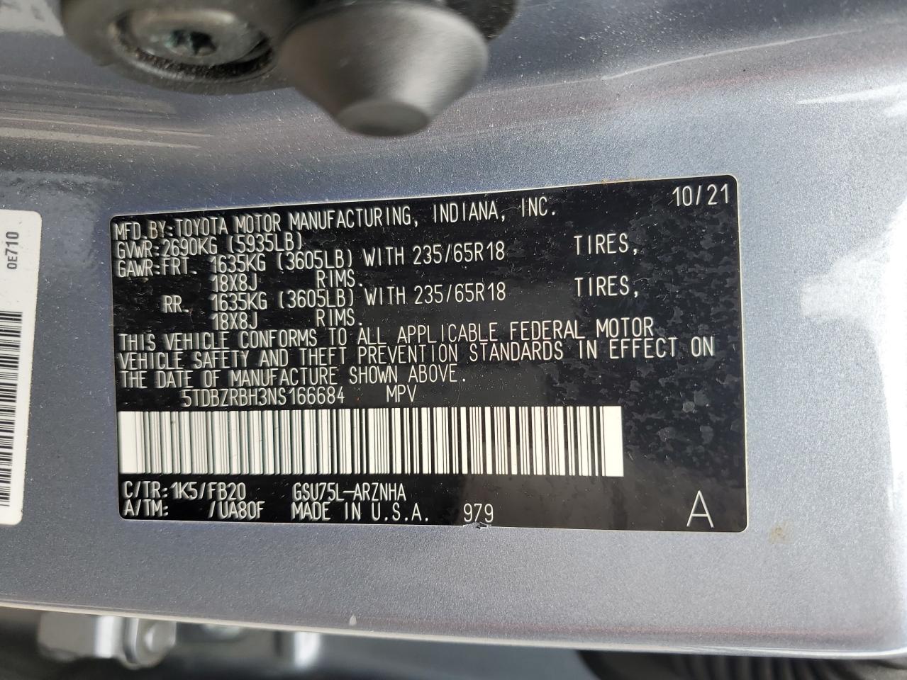 2022 Toyota Highlander L VIN: 5TDBZRBH3NS166684 Lot: 61672585