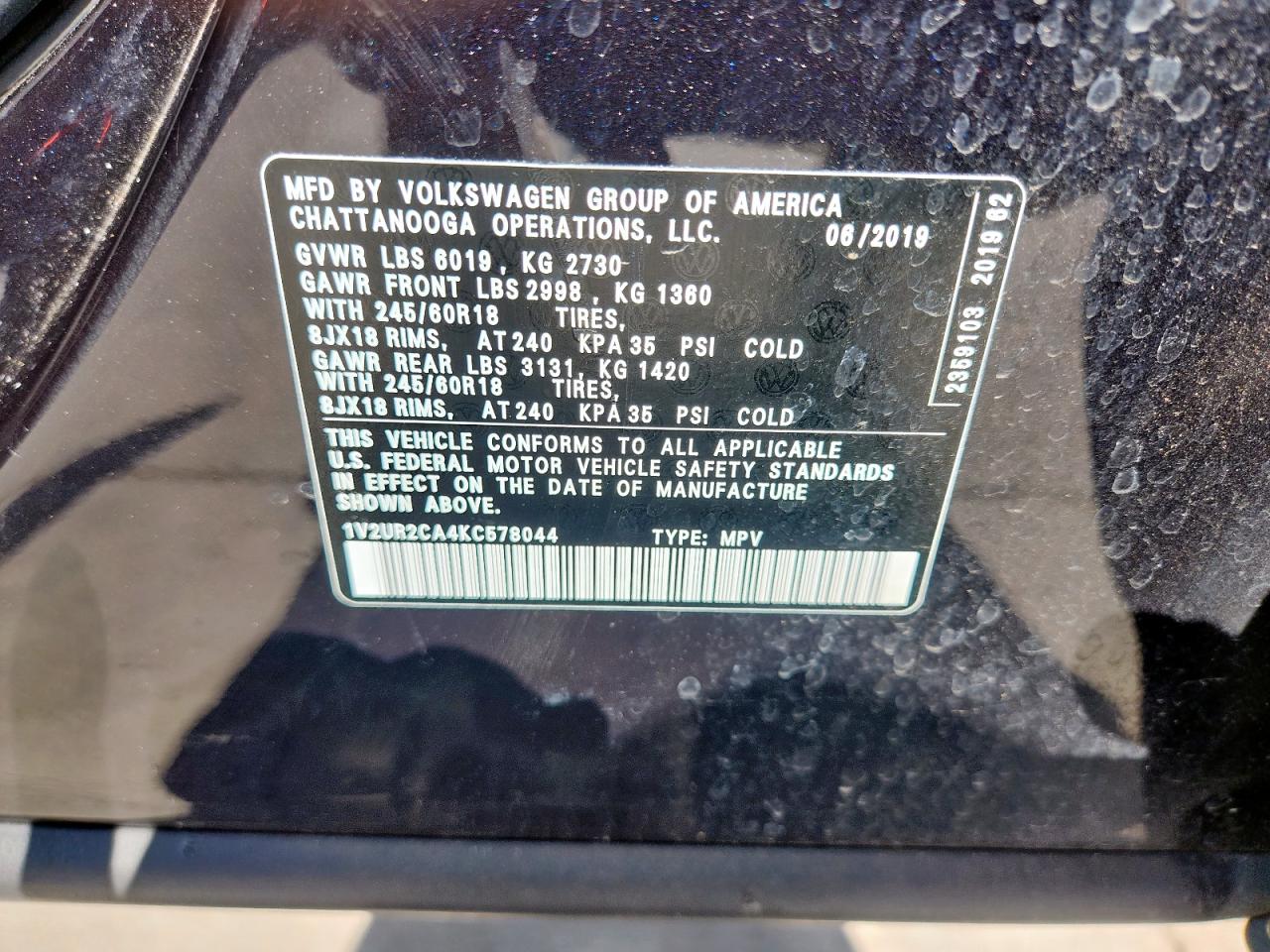 2019 Volkswagen Atlas Se VIN: 1V2UR2CA4KC578044 Lot: 62129795