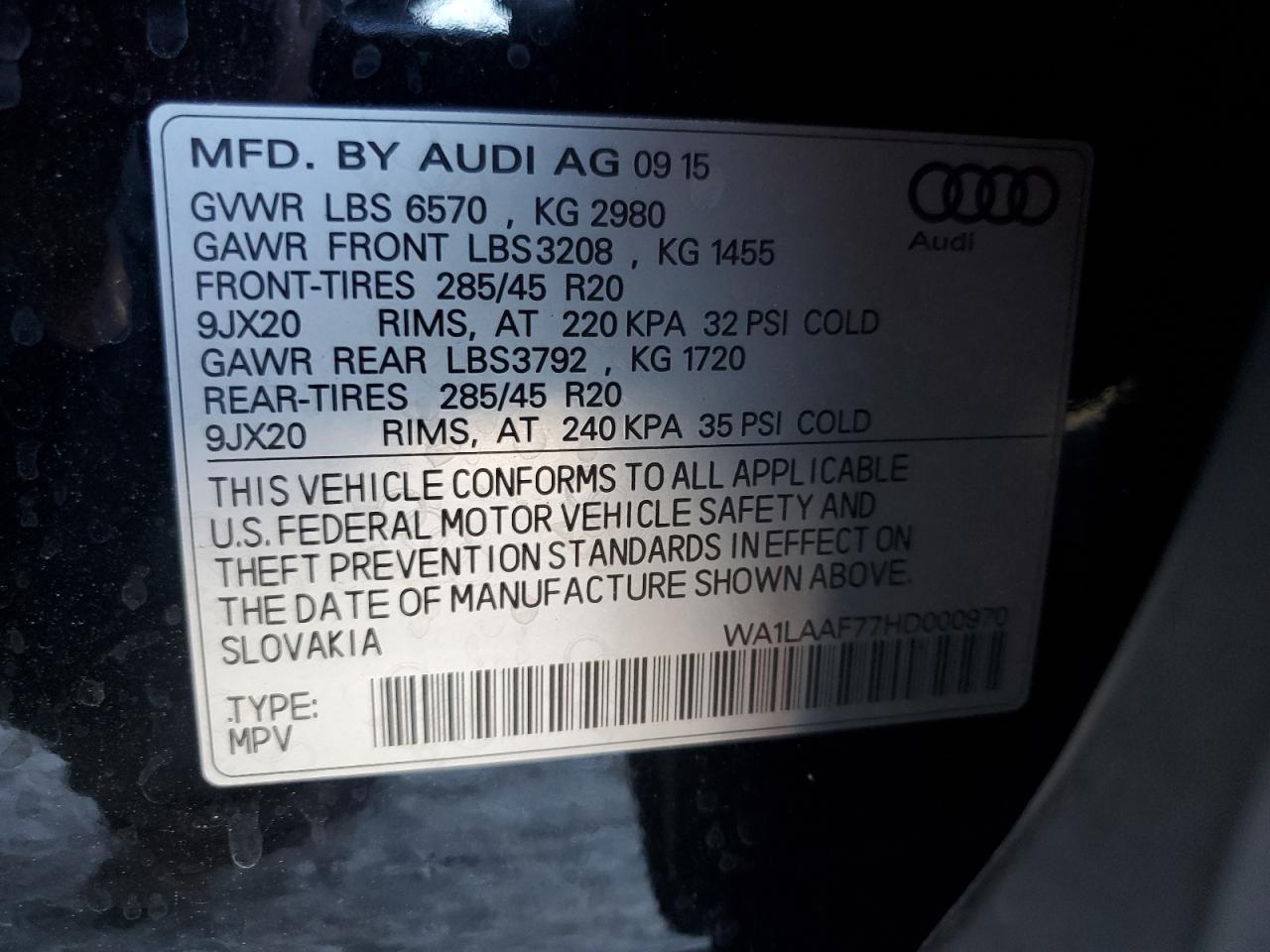 2017 Audi Q7 Premium Plus VIN: WA1LAAF77HD000970 Lot: 61668255