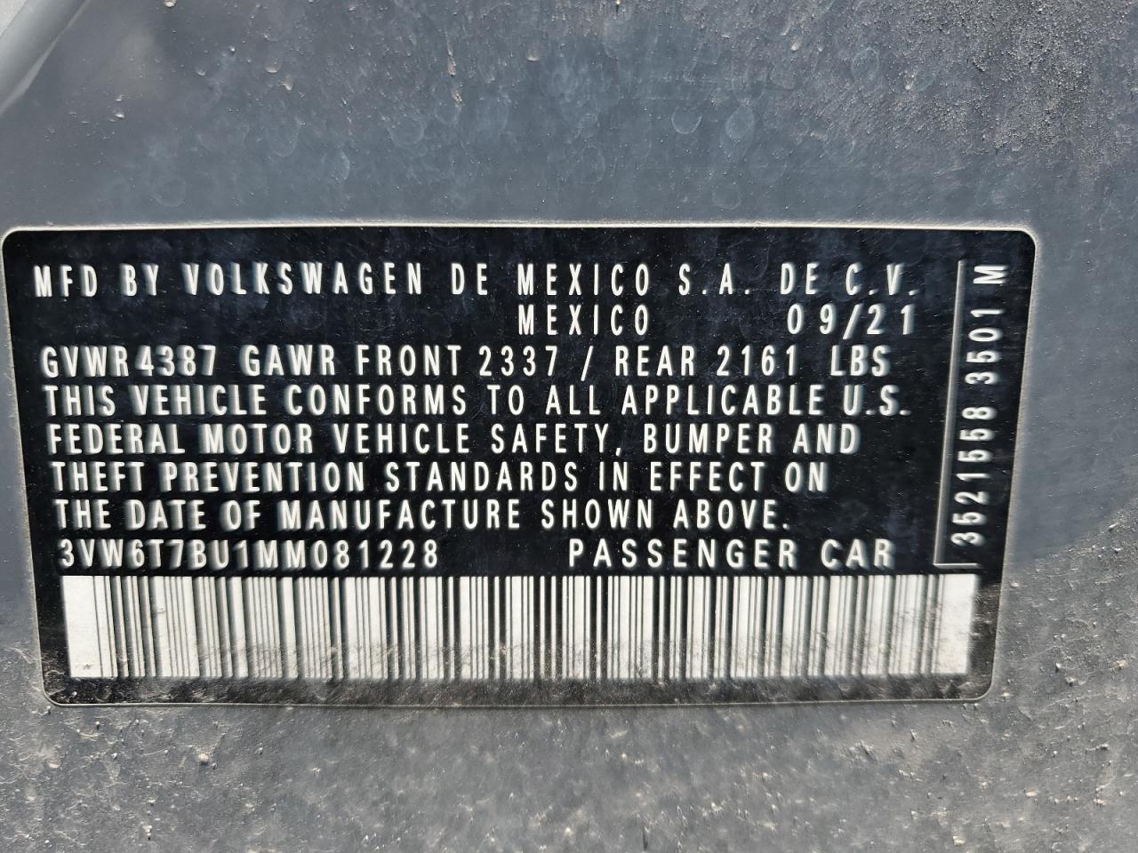 2021 Volkswagen Jetta Gli VIN: 3VW6T7BU1MM081228 Lot: 61176815