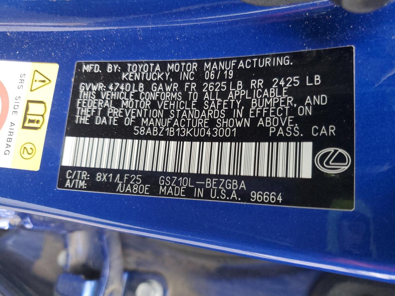 2019 Lexus Es 350 VIN: 58ABZ1B13KU043001 Lot: 60529365