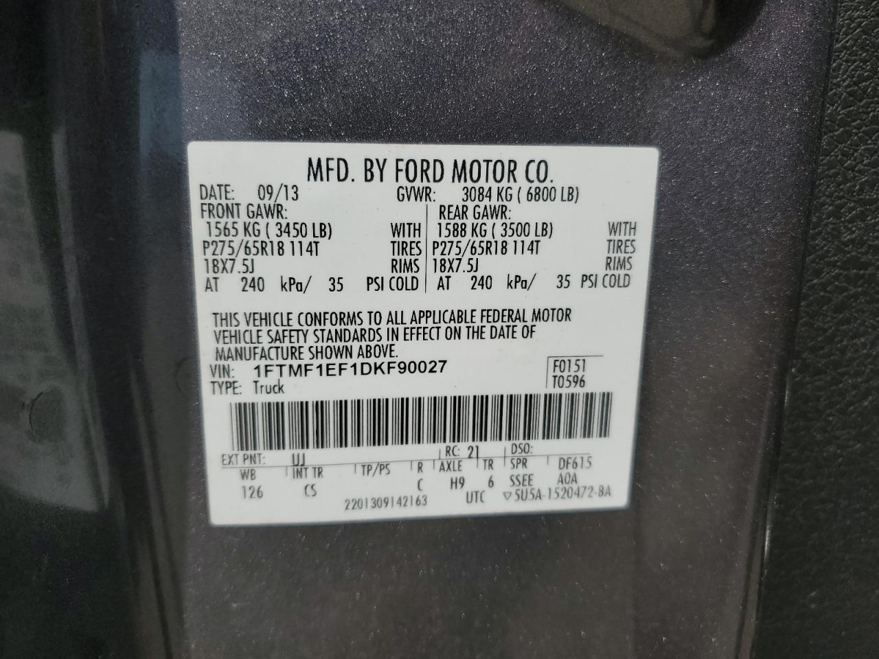 2013 Ford F150 VIN: 1FTMF1EF1DKF90027 Lot: 59597845