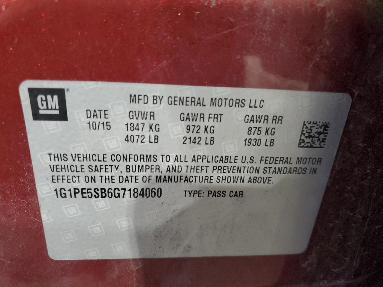 2016 Chevrolet Cruze Limited Lt VIN: 1G1PE5SB6G7184060 Lot: 61783555