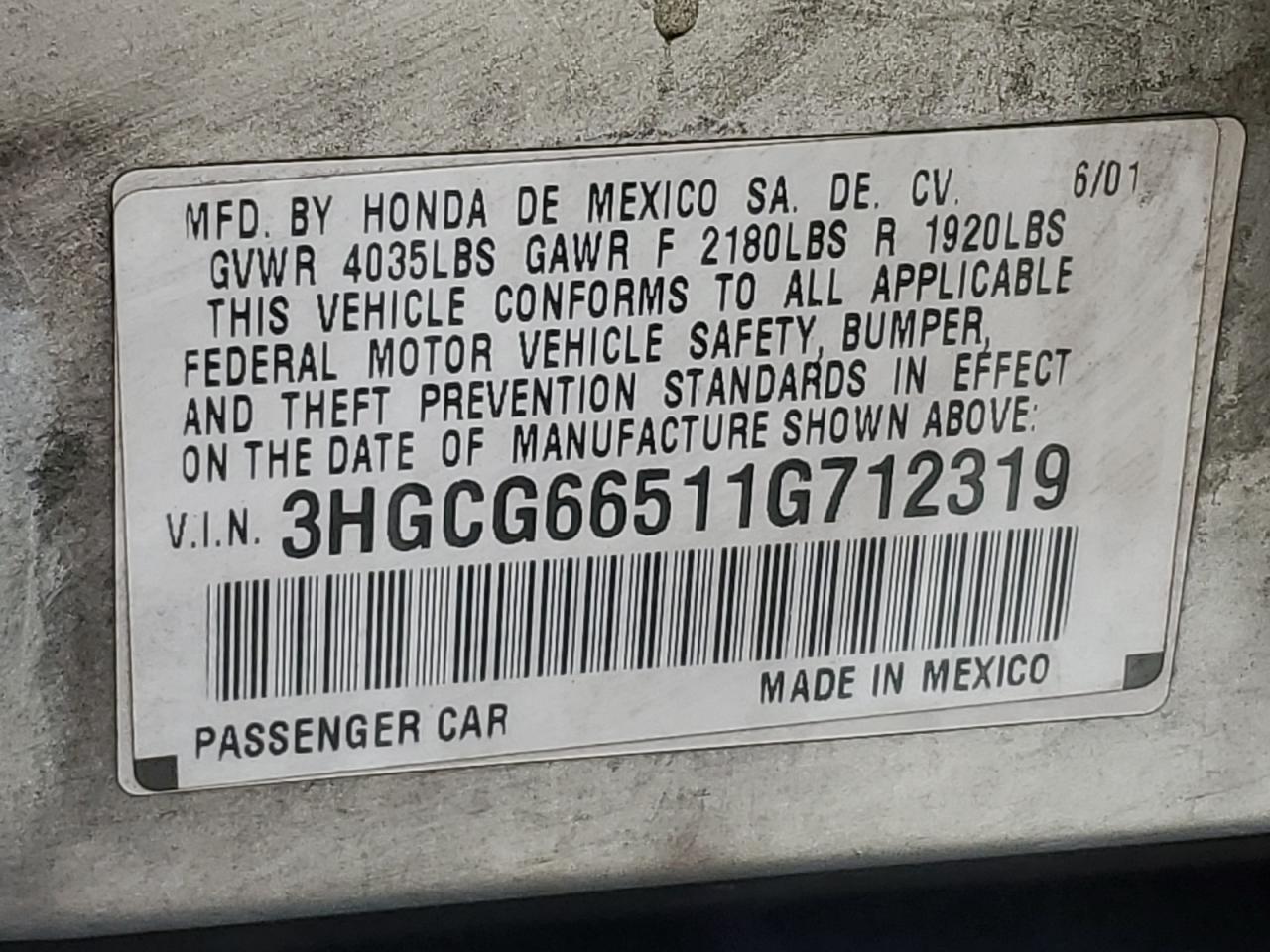 2001 Honda Accord Lx VIN: 3HGCG66511G712319 Lot: 63233605