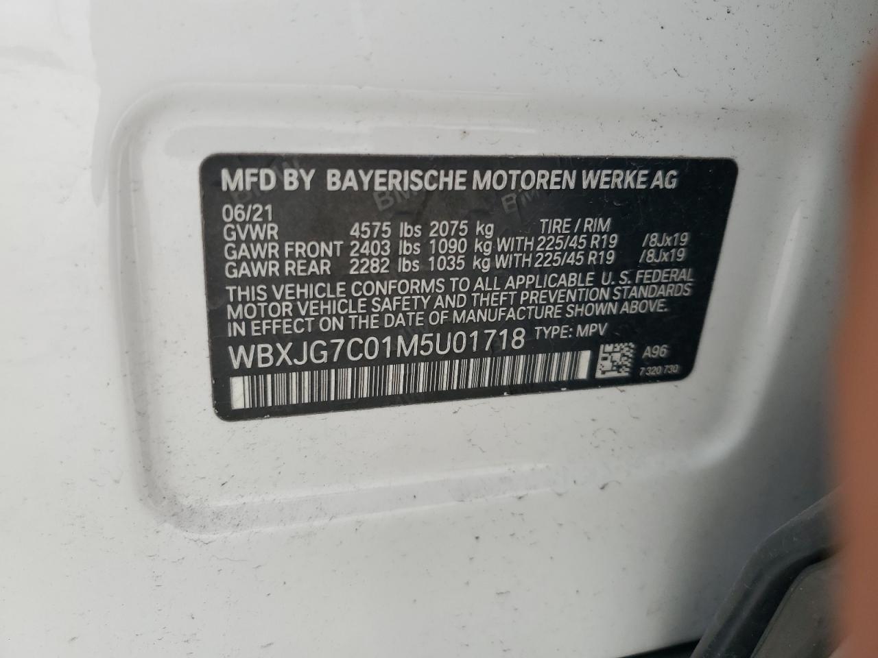 2021 BMW X1 Sdrive28I VIN: WBXJG7C01M5U01718 Lot: 59863055