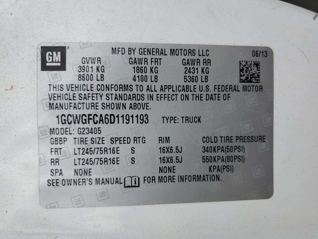 2013 Chevrolet Express G2500 VIN: 1GCWGFCA6D1191193 Lot: 59545955