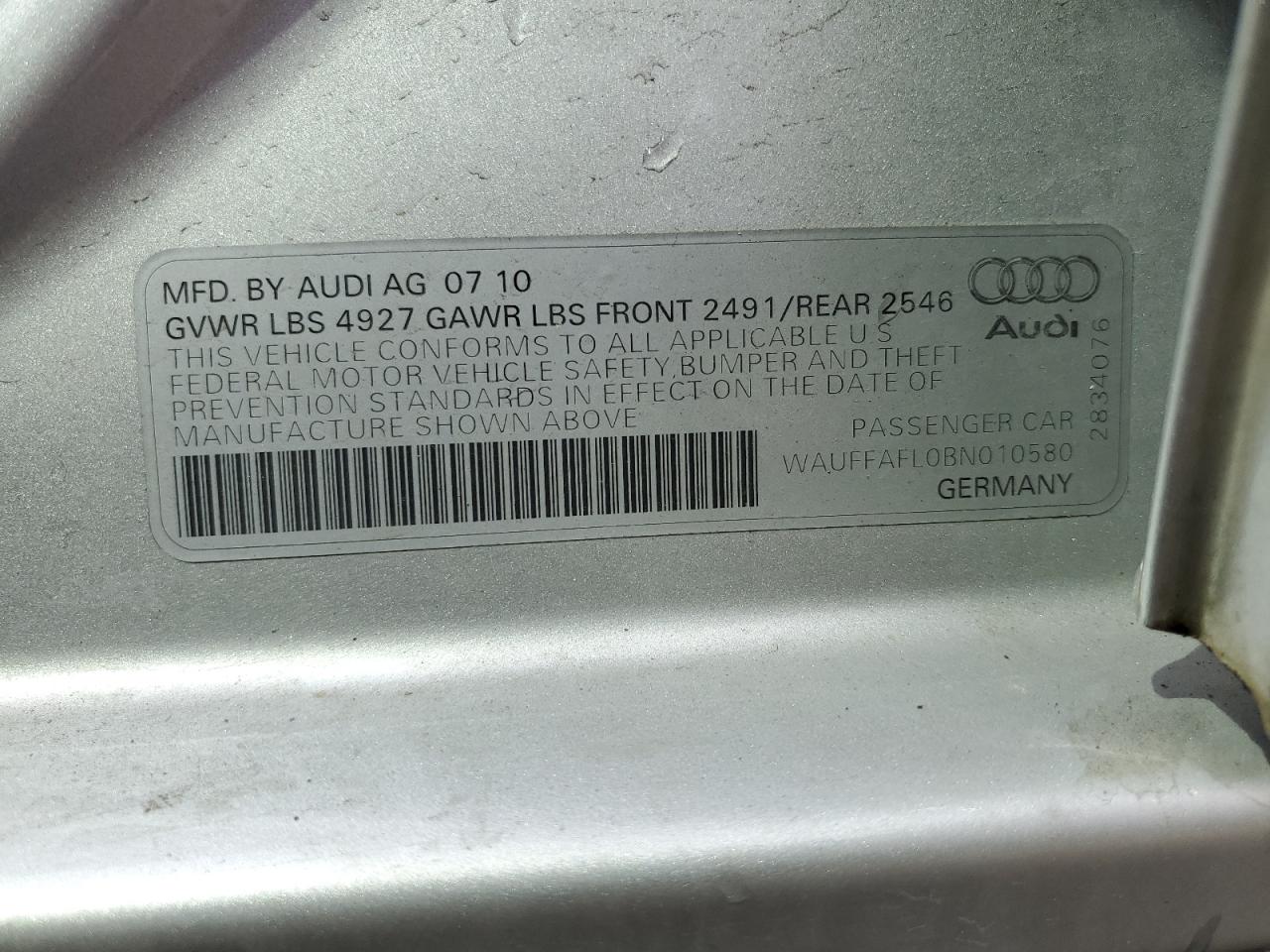 2011 Audi A4 Premium Plus VIN: WAUFFAFL0BN010580 Lot: 60141925