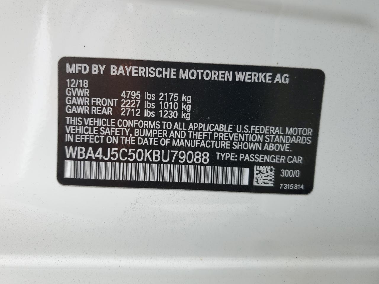 2019 BMW 440I Gran Coupe VIN: WBA4J5C50KBU79088 Lot: 62360335