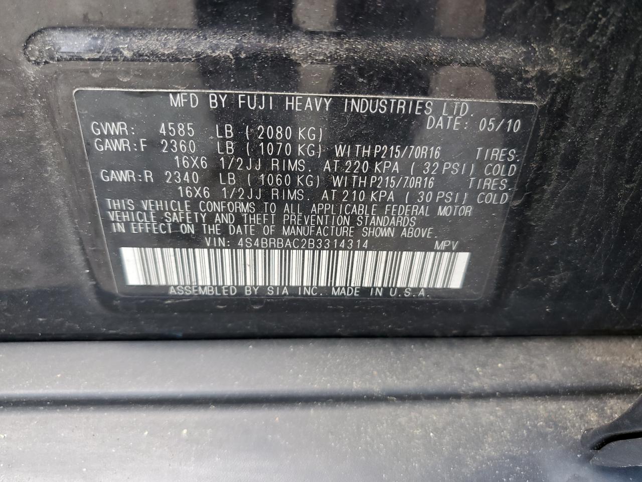 2011 Subaru Outback 2.5I VIN: 4S4BRBAC2B3314314 Lot: 60850145