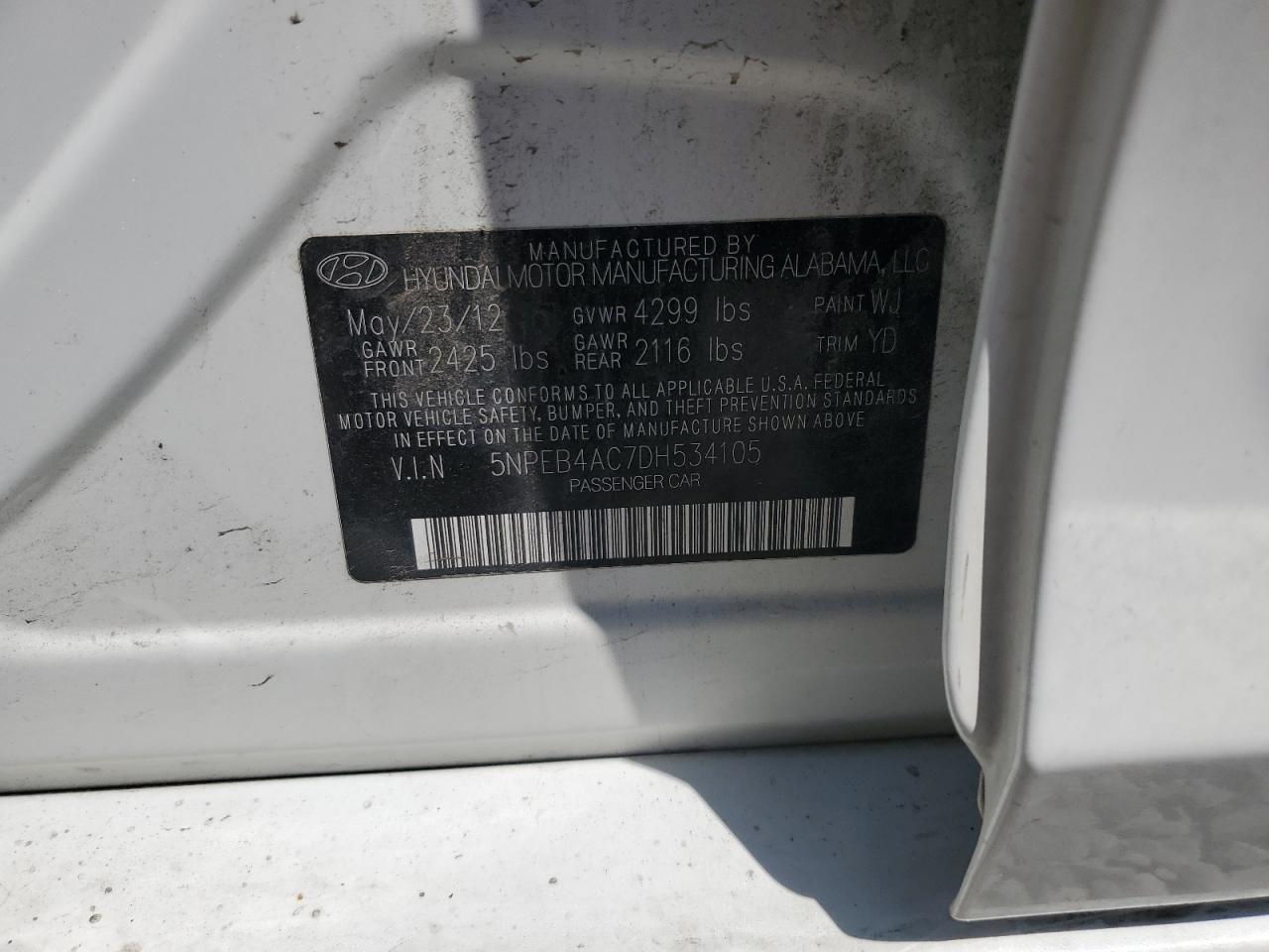 2013 Hyundai Sonata Gls VIN: 5NPEB4AC7DH534105 Lot: 59533445