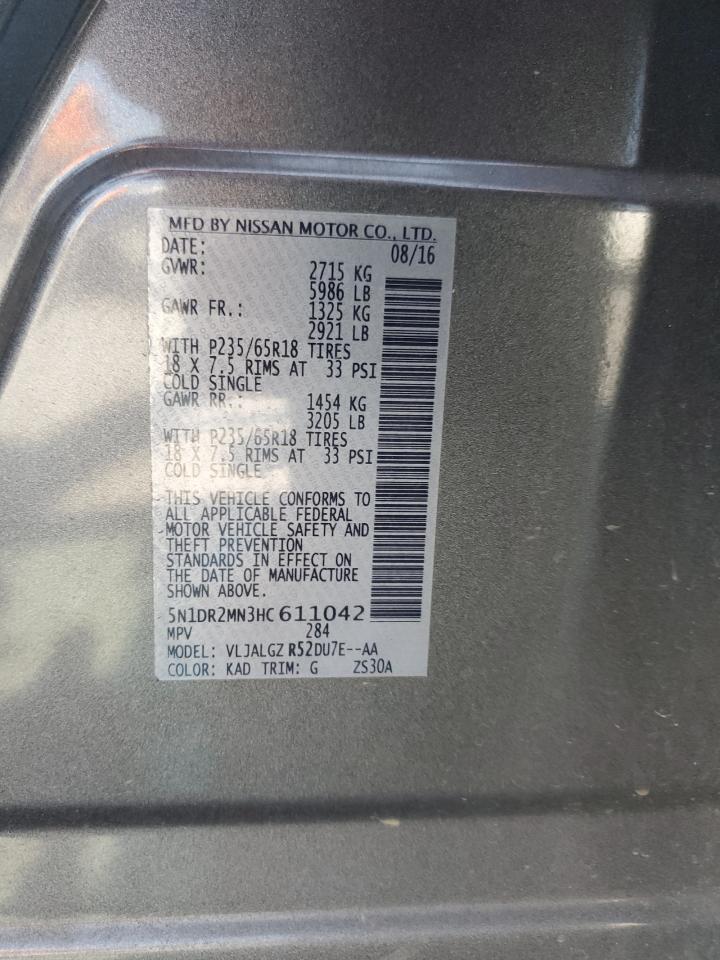 2017 Nissan Pathfinder S VIN: 5N1DR2MN3HC611042 Lot: 63121595