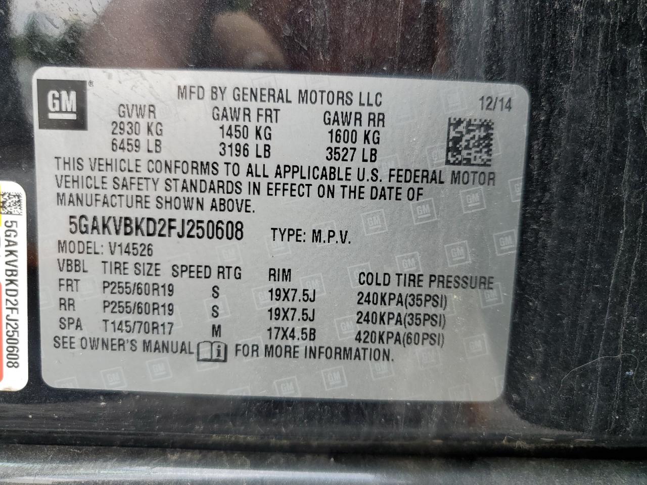 2015 Buick Enclave VIN: 5GAKVBKD2FJ250608 Lot: 60839135