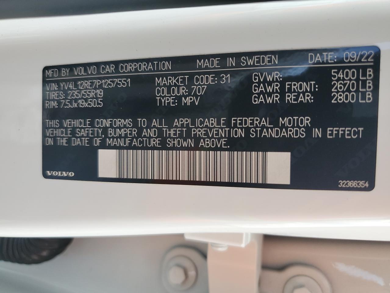 2023 Volvo Xc60 Plus VIN: YV4L12RE7P1257551 Lot: 60906485