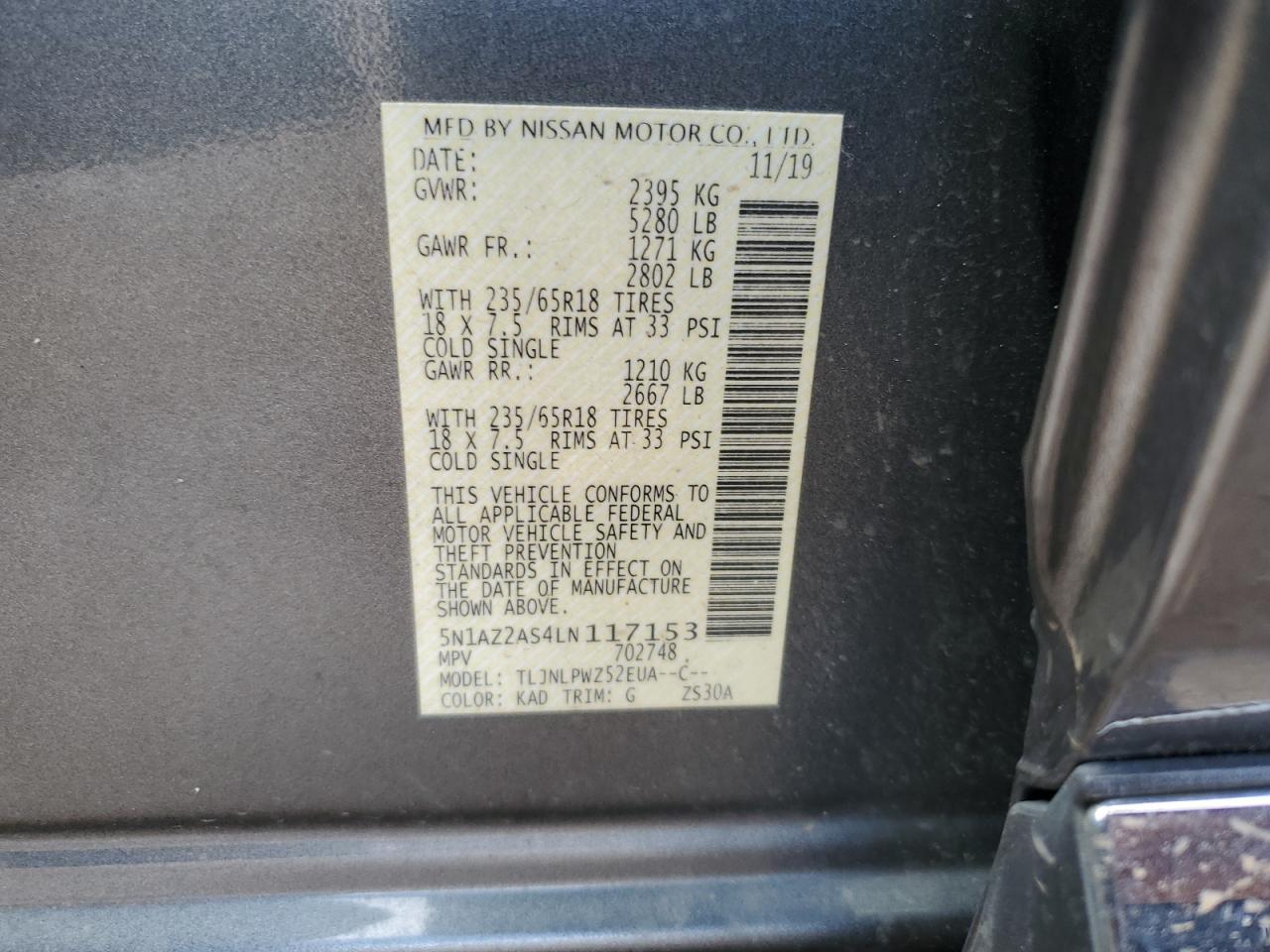 2020 Nissan Murano S VIN: 5N1AZ2AS4LN117153 Lot: 62513735