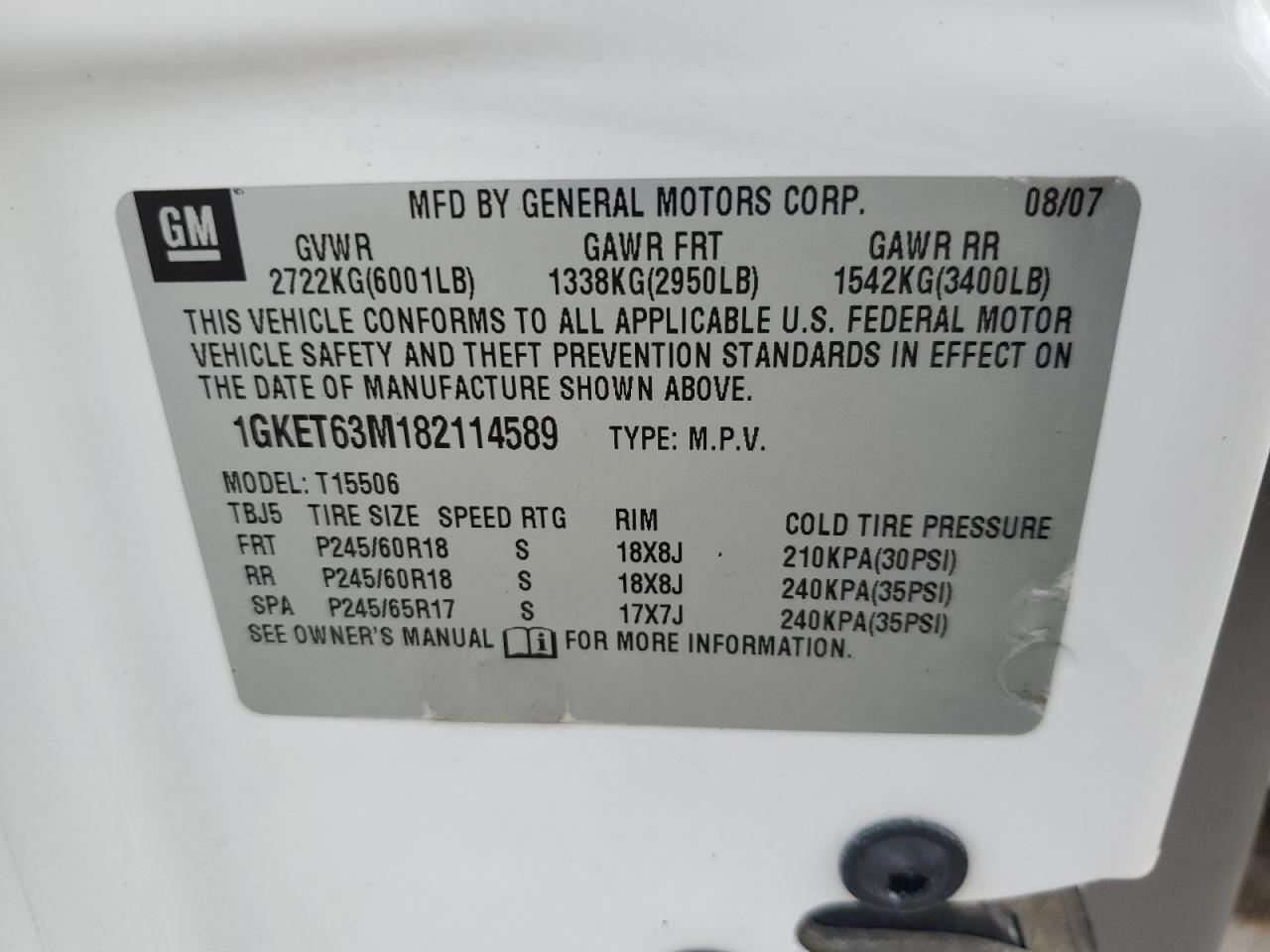 2008 GMC Envoy Denali VIN: 1GKET63M182114589 Lot: 61028085