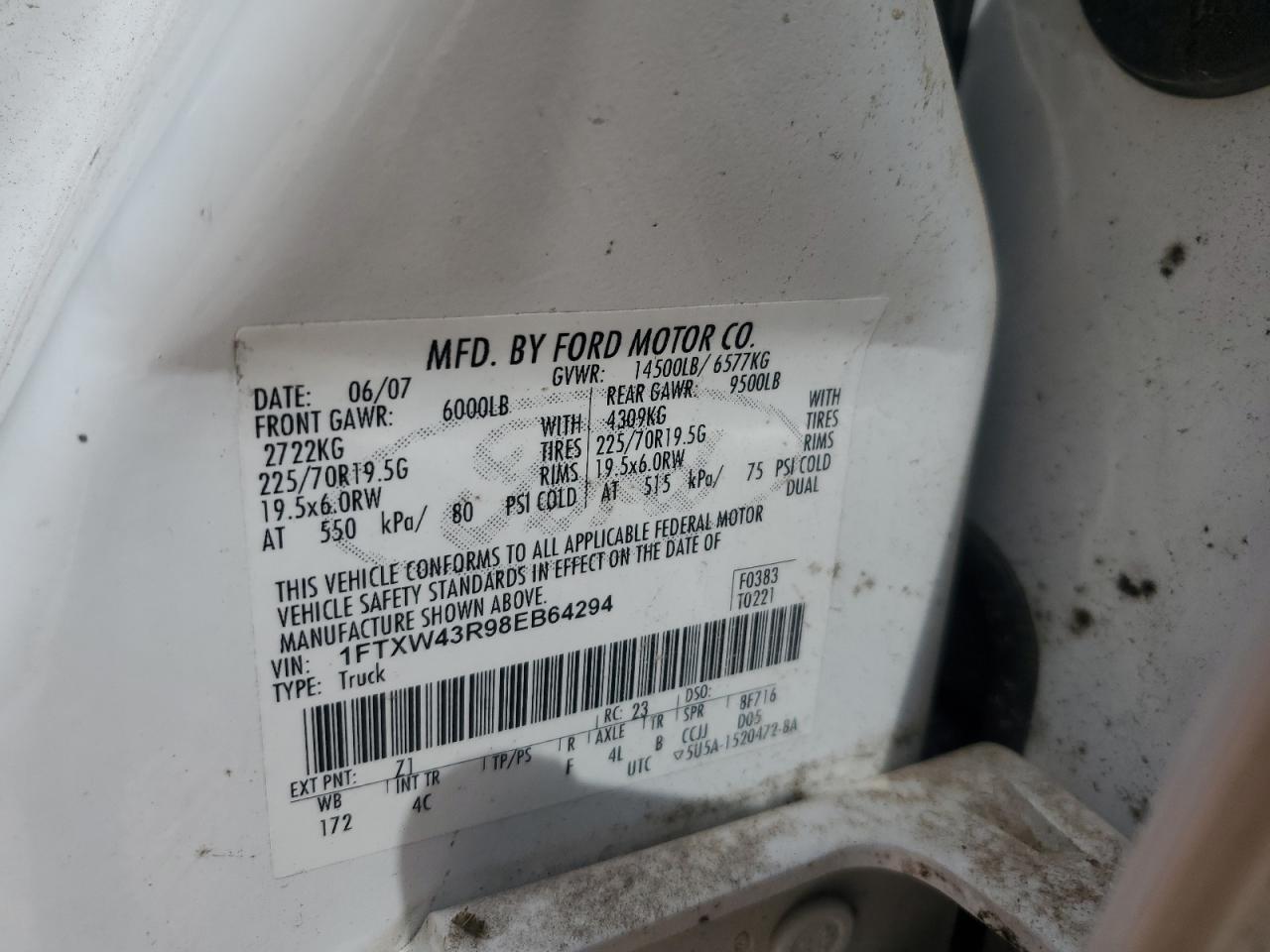 2008 Ford F450 Super Duty VIN: 1FTXW43R98EB64294 Lot: 60860925