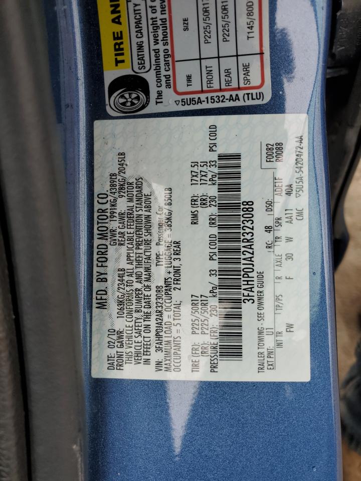 2010 Ford Fusion Sel VIN: 3FAHP0JA2AR323088 Lot: 62853975
