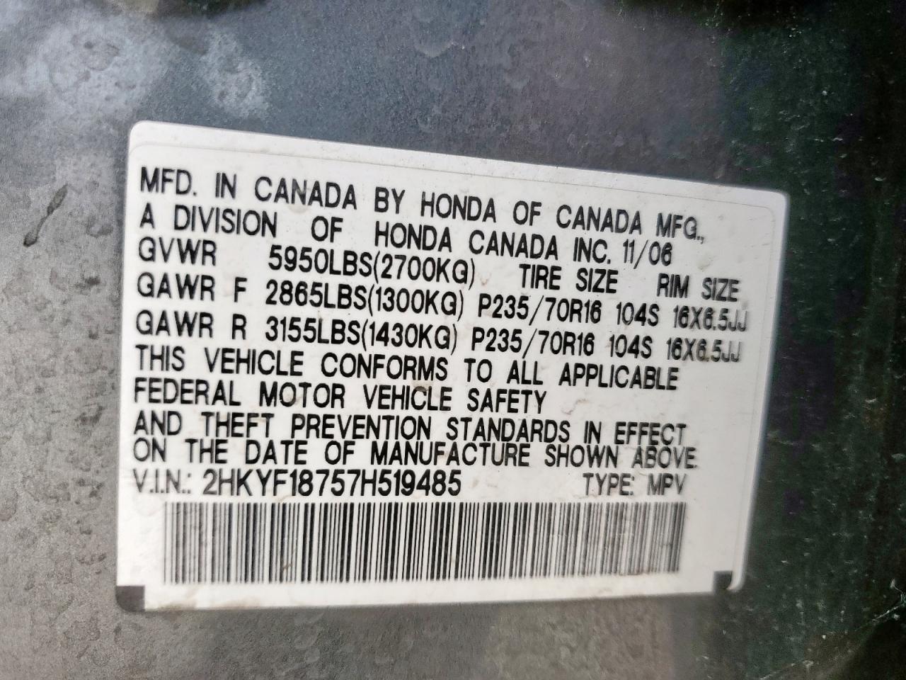 2007 Honda Pilot Exl VIN: 2HKYF18757H519485 Lot: 64179905