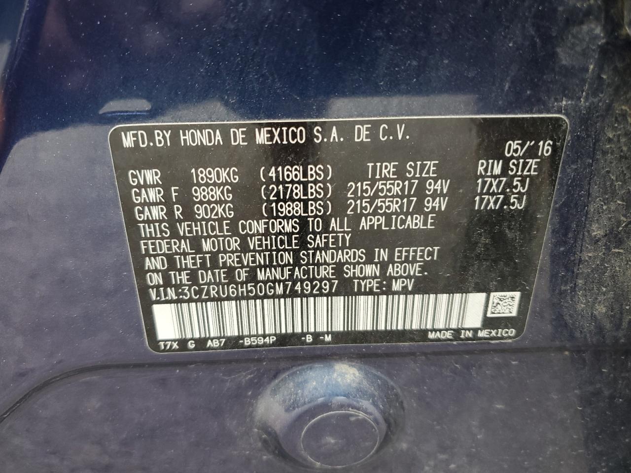 2016 Honda Hr-V Ex VIN: 3CZRU6H50GM749297 Lot: 60131115