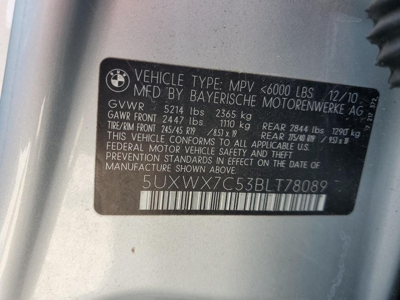 2011 BMW X3 xDrive35I VIN: 5UXWX7C53BLT78089 Lot: 62816385