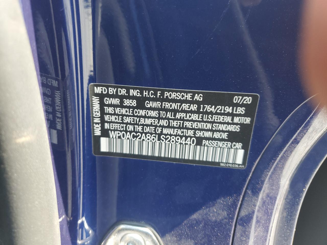 2020 Porsche Cayman Gt4 VIN: WP0AC2A86LS289440 Lot: 62090585