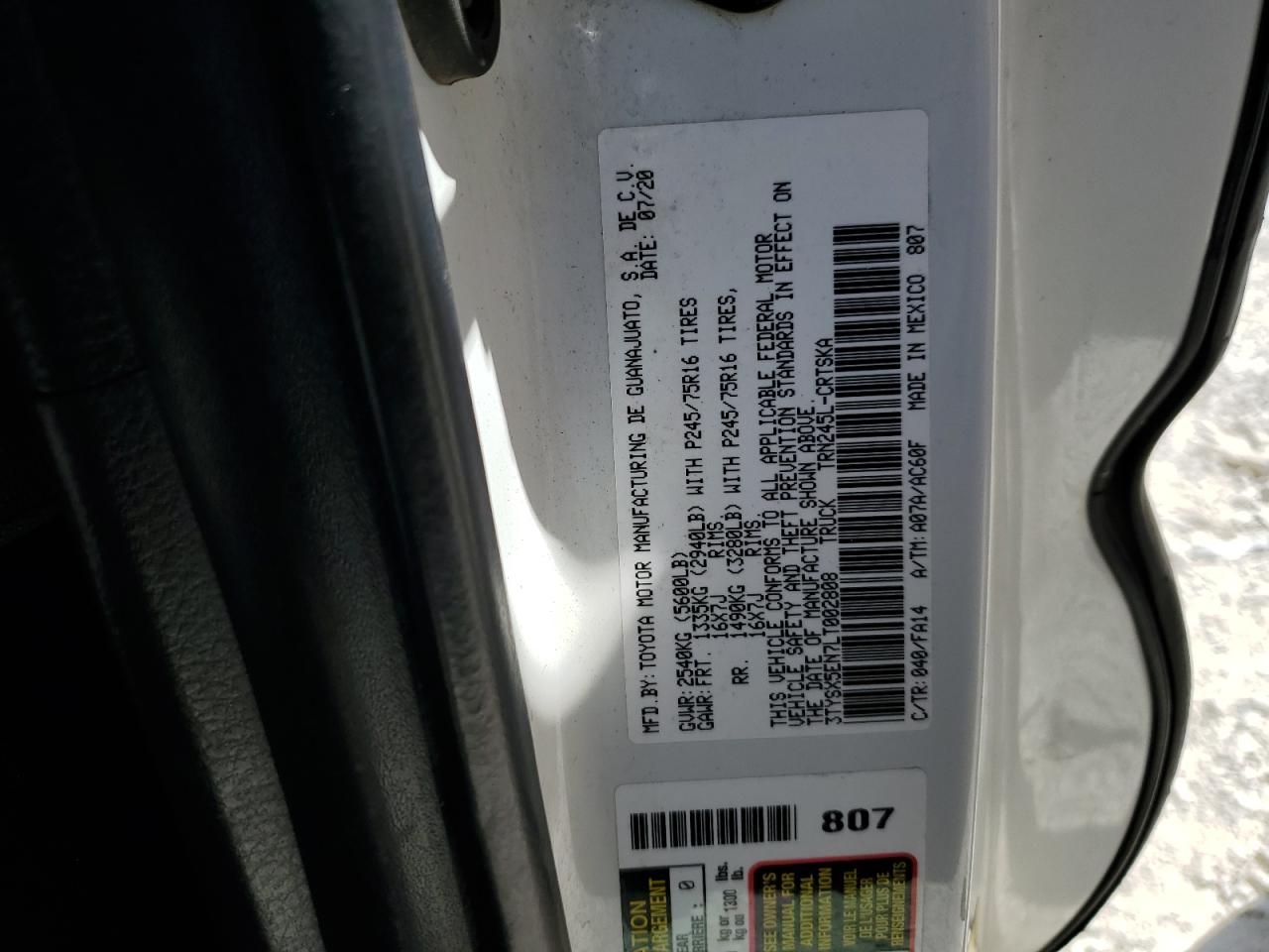 2020 Toyota Tacoma Access Cab VIN: 3TYSX5EN7LT002808 Lot: 59504155